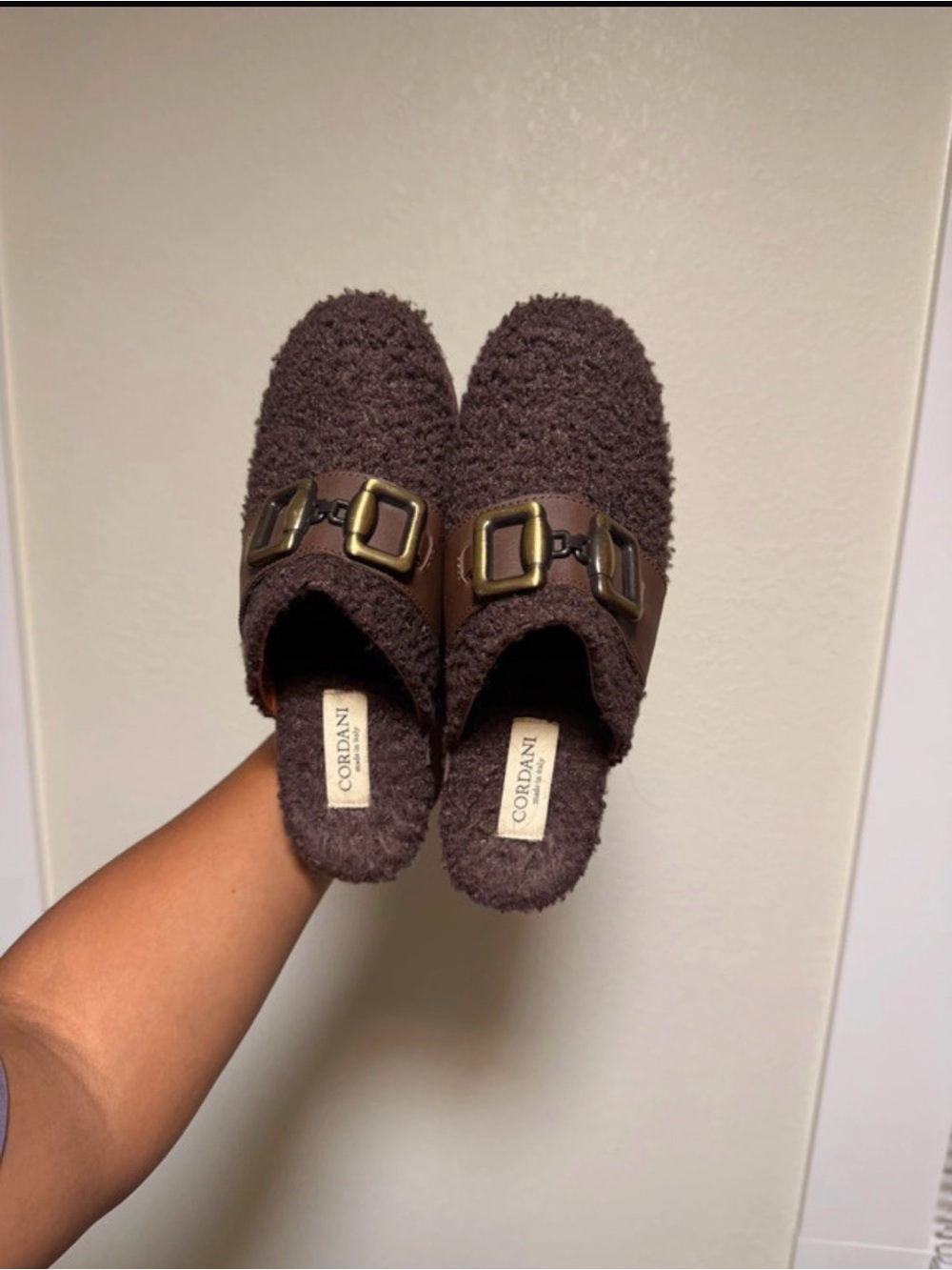 Cordani Chocolate Brown Fuzzy Buckle Slip-On Mules